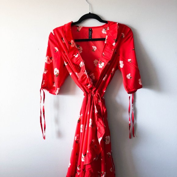 Topshop floral wrap midi dress in red - Picture 2 of 5